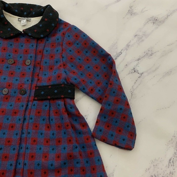 Petit Confection Girls Retro Coat Size 5 Blue Red Double Button Peter Pan Collar - Picture 3 of 11